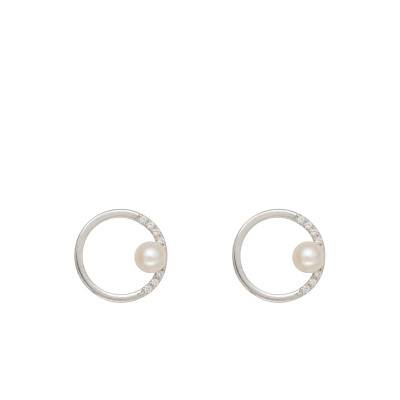 Boucles d'Oreilles Puces Perles d'Eau Douce & Diamants 0,10 ct en Or Blanc 750 - Schmittgall