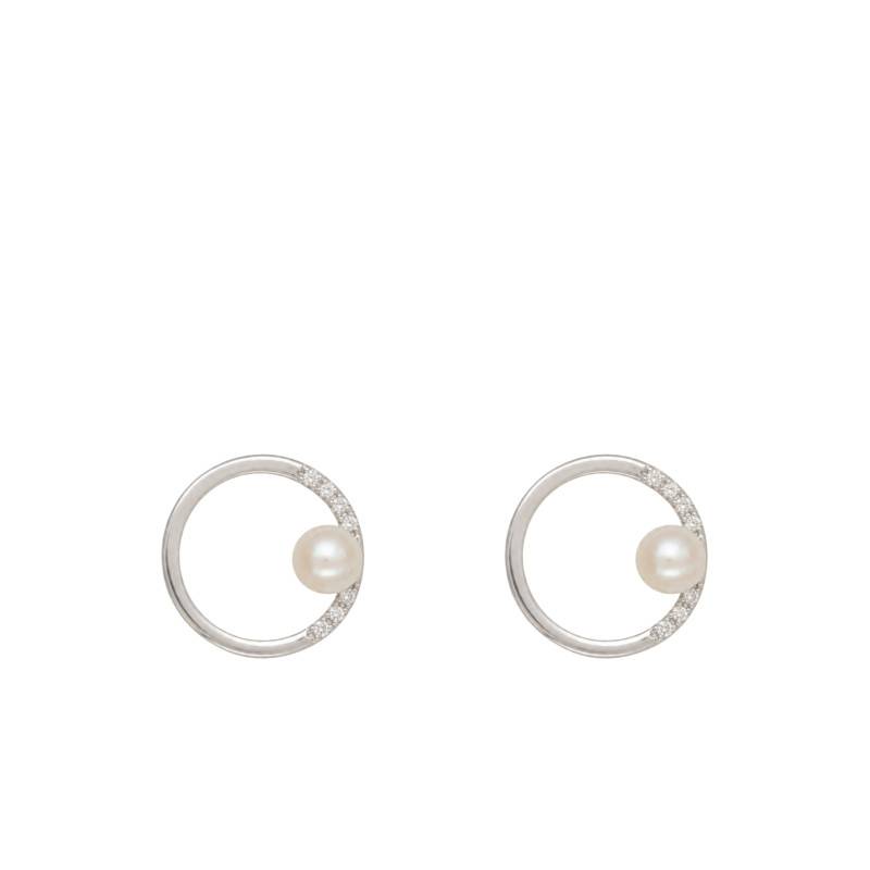 Boucles d'Oreilles Puces Perles d'Eau Douce & Diamants 0,10 ct en Or Blanc 750 - Schmittgall