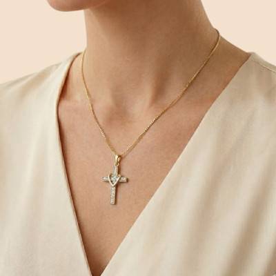 Pendentif Croix & Coeur en Or Jaune 375 & Diamants 0,05 ct, Dimension 16 x 30 mm - Emanessence