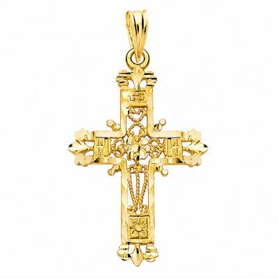 18K Yellow Gold Filigree Cross Pendant, 19 x 29 mm - Lumiosa