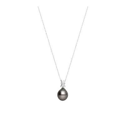 Collier Perle de Tahiti Noire & Diamants en Or Blanc 750, Longueur 42 cm Ajustable - Schmittgall