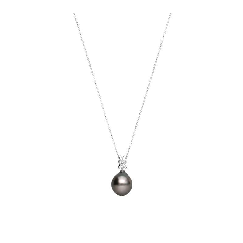 Collier Perle de Tahiti Noire & Diamants en Or Blanc 750, Longueur 42 cm Ajustable - Schmittgall