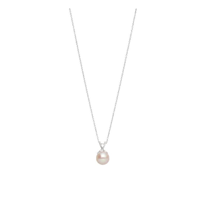 Collier Perle d'Akoya Ronde Blanche & Diamants en Or Blanc 750, Longueur 44 cm Ajustable - Schmittgall