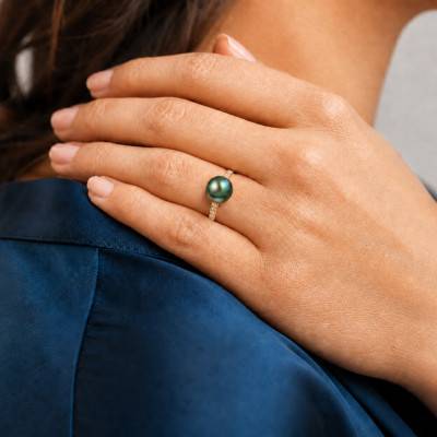Bague Accompagnée Perle de Tahiti et Diamants en Or Jaune 750, Taille 54 - Schmittgall