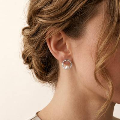 Boucles d'Oreilles Puces Perles d'Eau Douce & Diamants 0,10 ct en Or Blanc 750 - Schmittgall