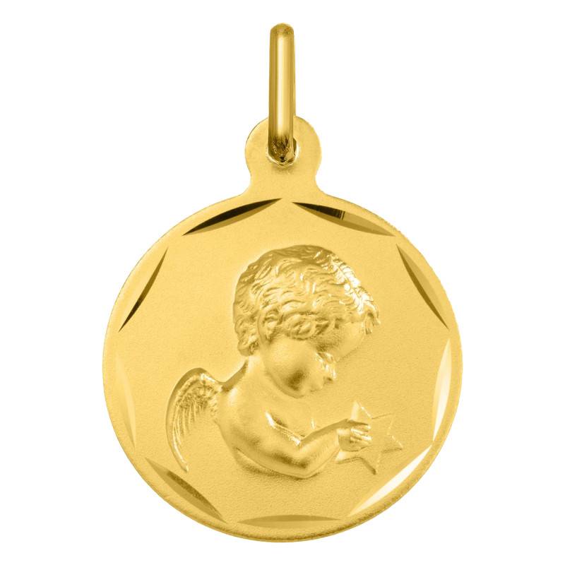 375/1000 Yellow Gold Round Praying Angel Medal with Guilloché Edges 15 mm or 17 mm - Ocarat
