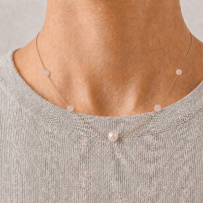 375 Yellow Gold Freshwater Pearl & Rose Quartz 3.90 ct Necklace, 43 cm - Schmittgall
