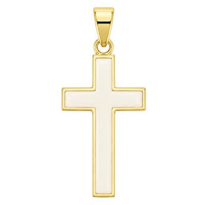Pendentif Croix en Or jaune 375 & Émail Blanc, Dimension 12 x 22 mm - Ocarat