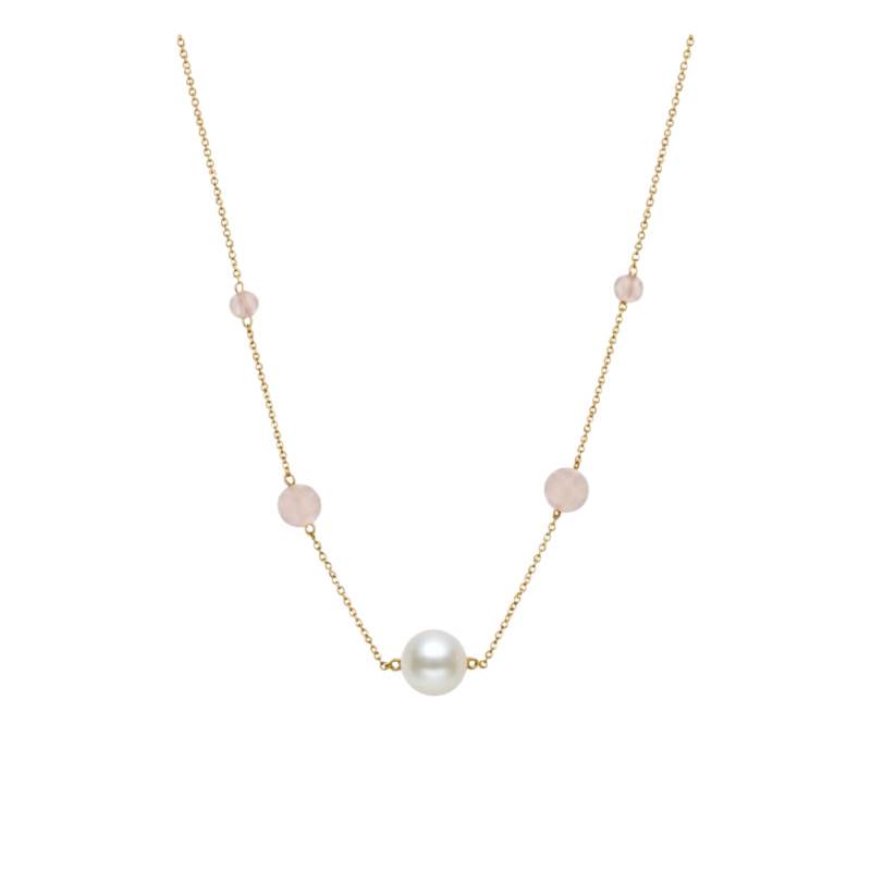 Collier Perle d'Eau Douce & Quartz Rose 3,90 ct en Or Jaune 375, Longueur 43 cm - Schmittgall