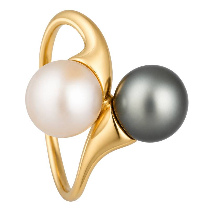 Bague Toi et Moi Perle de Tahiti et Perle Blanche en Or Jaune 750, Taille 54 - Schmittgall