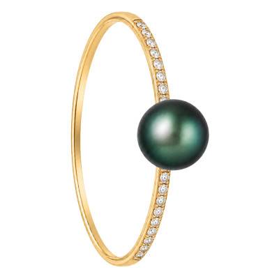 Bague Accompagnée Perle de Tahiti et Diamants en Or Jaune 750, Taille 54 - Schmittgall