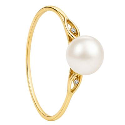 Bague Perle Blanche d'Eau Douce & Diamants en Or Jaune 750, Taille 54 - Schmittgall