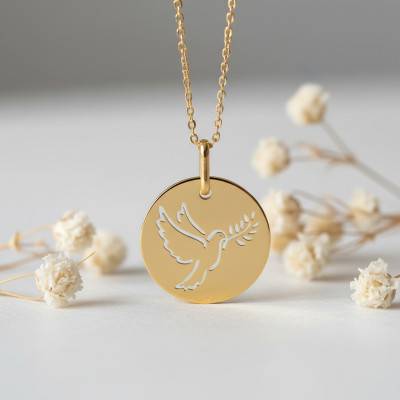 Yellow Gold Openwork Dove Olive Branch Medal, 16 mm Diameter - Lucas Lucor