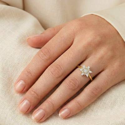 Bague de Fiançailles Fleur & Diamants de Synthèse en Or Jaune 750, Taille 54 - Ocarat