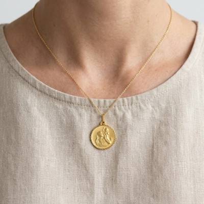 Médaille Ronde Saint Christophe diamantée en Or Jaune 750, Diamètre 15 mm - Vandona