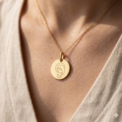 Yellow Gold Praying Virgin Mary Medal, 15 mm Diameter - Lucas Lucor
