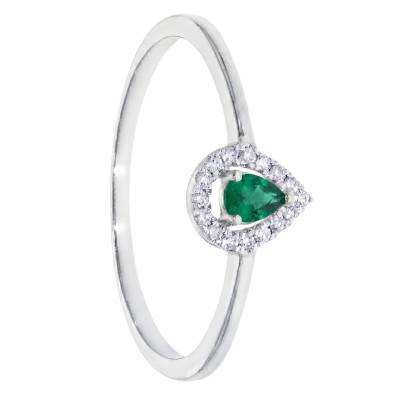 Bague Solitaire Accompagné Émeraude 0,10 ct et Diamants en Or Blanc 375 - Amore