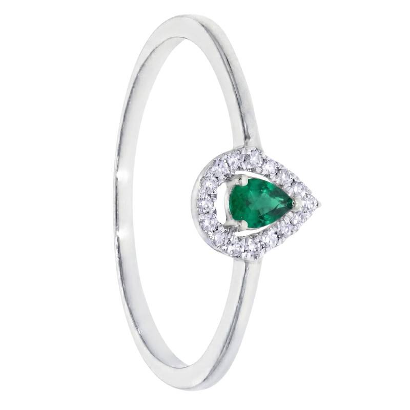 Bague Solitaire Accompagné Émeraude 0,10 ct et Diamants en Or Blanc 375 - Amore