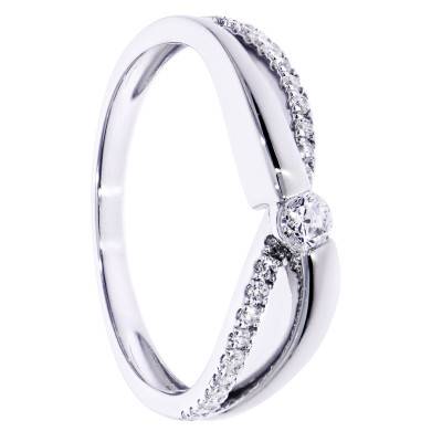 Bague Croisée Solitaire Accompagné Diamants en Or Blanc 375 - Amore