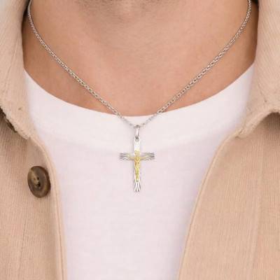 Pendentif Crucifix Strié en Argent 925 Bicolore, 21x37mm - Vandona