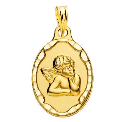 Médaille Ovale Ange Pensif Bords Ciselés en Or Jaune 375 - Lumiosa