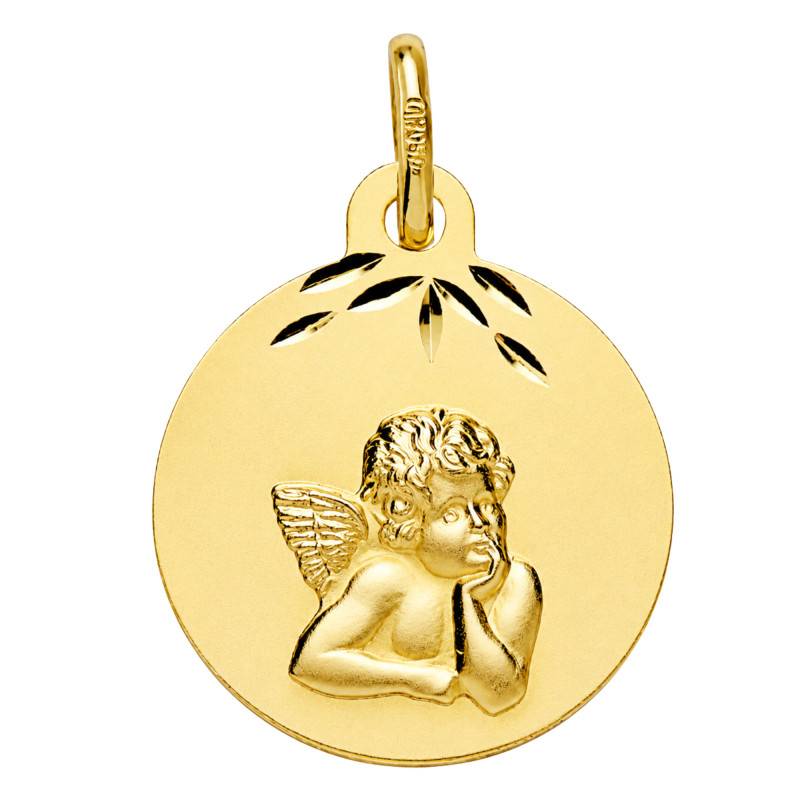 Médaille Ronde Ange Pensif en Or Jaune 375, Diamètre 14 mm - Lumiosa