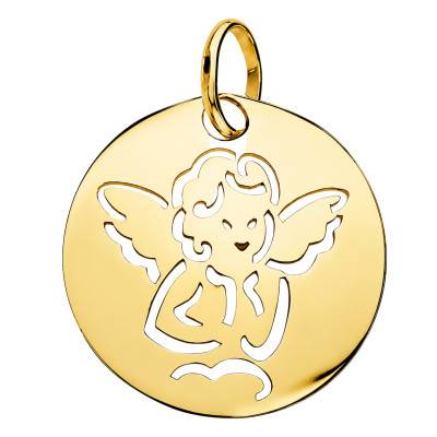 375 Yellow Gold Openwork Angel Medal, 15 mm Diameter - Lumiosa