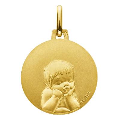 375/1000 Yellow Gold Round Angel Medal, 16 mm Diameter - Augis