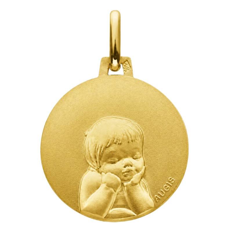 375/1000 Yellow Gold Round Angel Medal, 16 mm Diameter - Augis