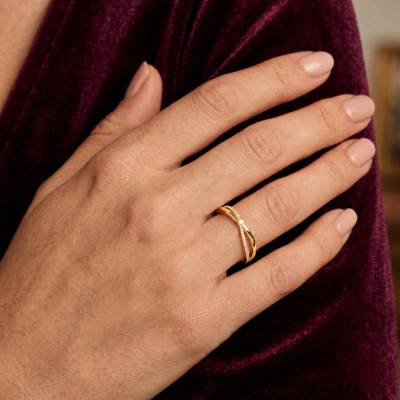Bague Croisée Solitaire Accompagné Diamants en Or Jaune 375 - Amore