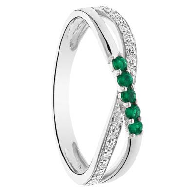 Bague de Fiançailles Croisée Diamants de Synthèse et Émeraudes en Or Blanc 375 - Amore
