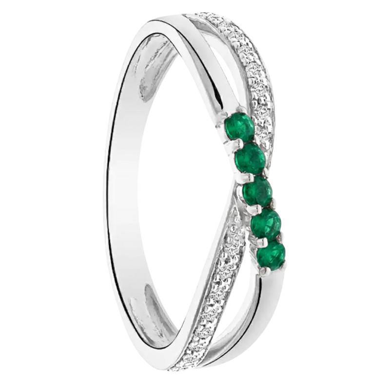 Bague de Fiançailles Croisée Diamants de Synthèse et Émeraudes en Or Blanc 375 - Amore
