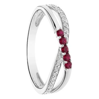 Bague de Fiançailles Croisée Diamants de Synthèse et Rubis en Or Blanc 375 - Amore