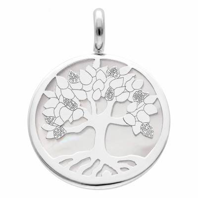 Médaille Arbre de Vie en Or Blanc 375 et 750 & Nacre Blanche, Diamètre 20,00 mm - Lumiosa