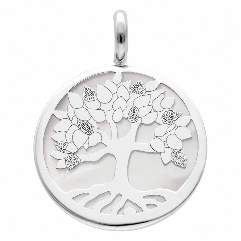 White Gold Tree of Life Medal 375 & 750 with White Mother-of-Pearl, Diameter 20.00 mm - Lumiosa