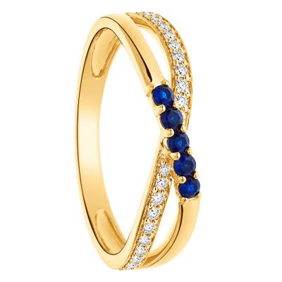 Bague de Fiançailles Croisée Diamants de Synthèse et Saphirs en Or Jaune 375 - Amore