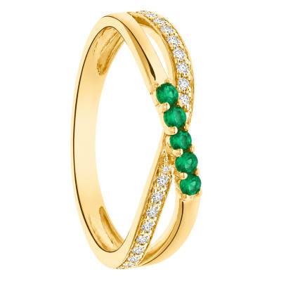 Bague de Fiançailles Croisée Diamants de Synthèse et Émeraudes en Or Jaune 375 - Amore