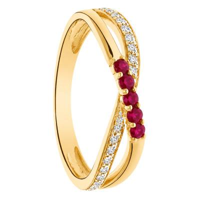 Bague de Fiançailles Croisée Diamants de Synthèse et Rubis en Or Jaune 375 - Amore