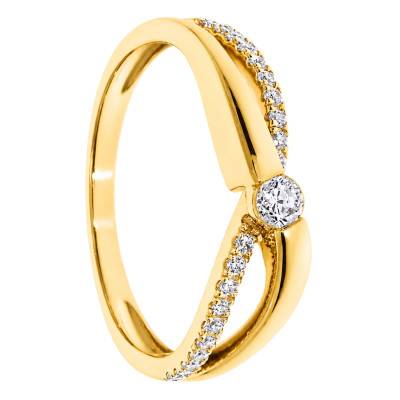 Bague Croisée Solitaire Accompagné Diamants en Or Jaune 375 - Amore