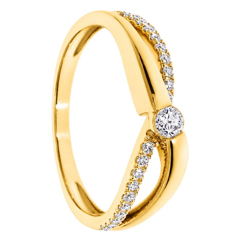Bague Croisée Solitaire Accompagné Diamants en Or Jaune 375 - Amore