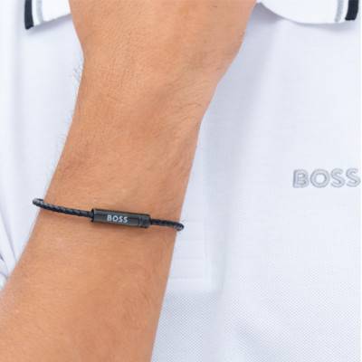 Bracelet Ares Air en Acier & Cuir Noir, Longueur 18 cm Ajustable -1580875 - Boss