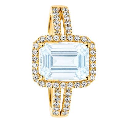 Bague Solitaire Accompagné Aigue-Marine & Diamants de Synthèse en Or Jaune 375 - Aurora