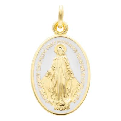 375 Yellow Gold & White Enamel Oval Miraculous Virgin Medal - Lumiosa
