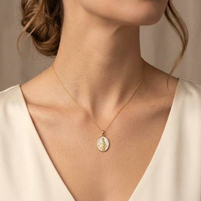 Médaille Ovale Vierge Miraculeuse en Or Jaune 375 & Émail Blanc - Lumiosa