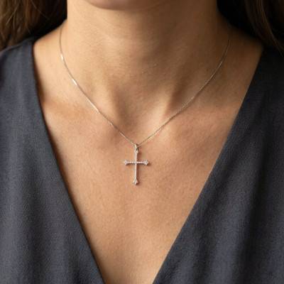 Pendentif Croix Fin en Or Blanc 375 & Diamants de Synthèse 0,23 ct - Lumiosa