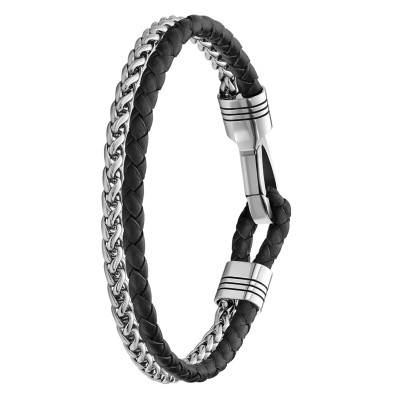 Bracelet Jaxon en Acier & Cuir Noir et Gris, Longueur 21 cm - 1580894M - Boss