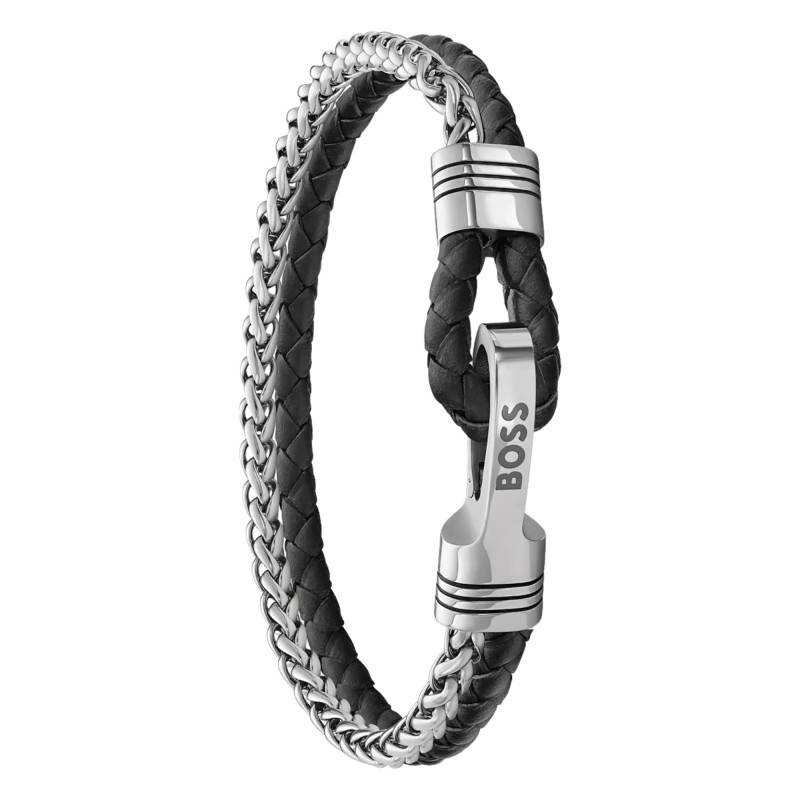 Bracelet Jaxon en Acier & Cuir Noir et Gris, Longueur 21 cm - 1580894M - Boss