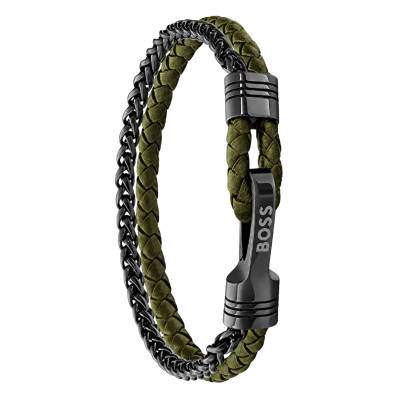 Bracelet Jaxon en Acier & Cuir Gris et Vert, Longueur 21 cm - 1580893M - Boss