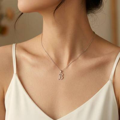 9K White Gold Letter B Pendant & Diamonds 0,08 ct HSI - Emanessence