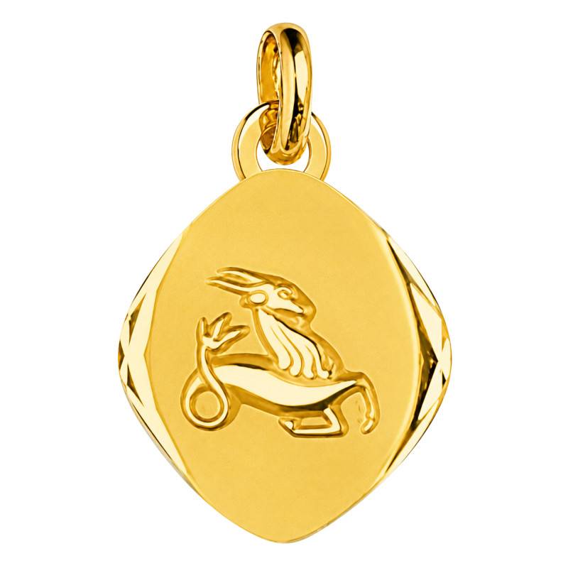 Faceted 750 Yellow Gold Capricorn Zodiac Sign Medal - Emanessence
